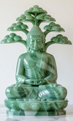 Intricate Green Buddha Sculpture Surrounded by Stylized Trees