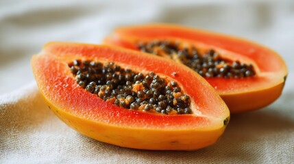 Fresh and Delicious Papaya Halves on a Soft Fabric Background with Visible Black Seeds