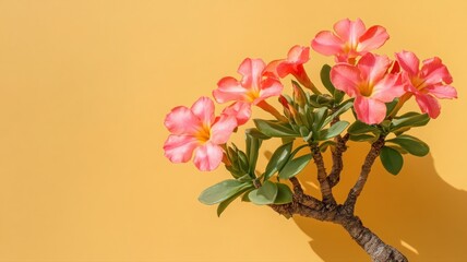 Pink Adenium Obesum Desert Rose Blooms on Yellow Background