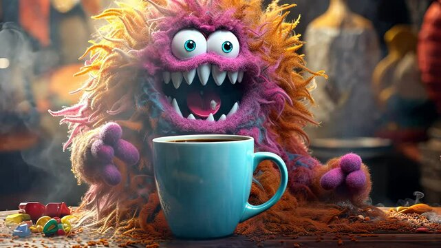 Coffee monster with crazy eyes. Cute character with caffeine energy, very excited