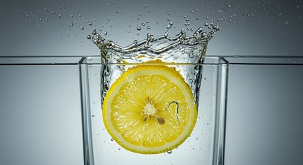 Lemon slice plunging into refreshing clear water creates dynamic splash