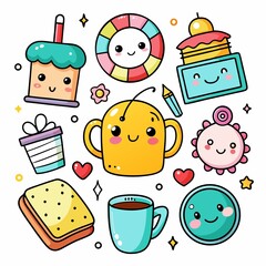 Cute cartoon collection of various food and fun items