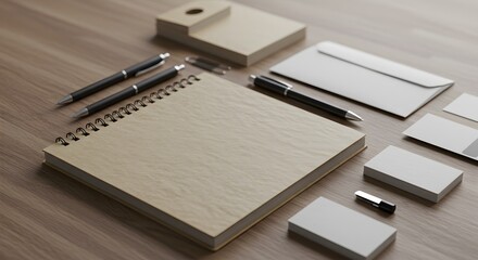 Modern Minimalist Stationery Mockup Notebook, Pens, Business Cards, Envelope