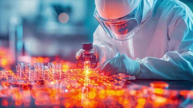 A scientist in protective gear examines a glowing microchip or advanced circuit board under a microscope in a high-tech laboratory.