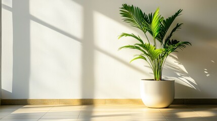 A houseplant sits inside a pot near a sunlit interior wall