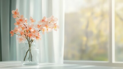 Pink Orchid Blooms in Glass Vase Near Sunny Window