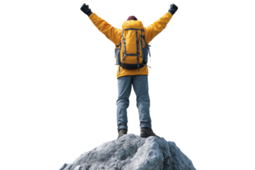 Hiker standing on mountain peak with arms raised, isolated on transparent background