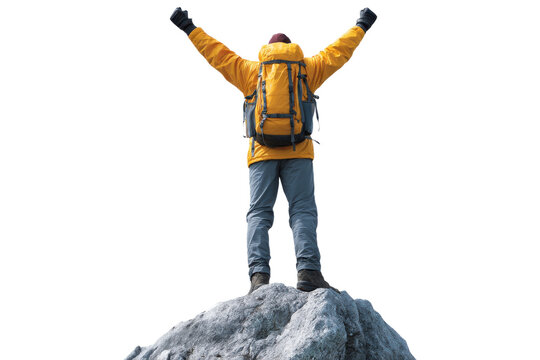 Hiker standing on mountain peak with arms raised, isolated on transparent background