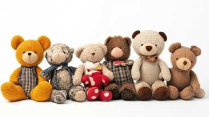 Collection of charming vintage teddy bears aligned in a row, against a clean background