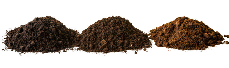 Collection of humus soil mounds with isolated white background