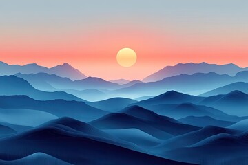 A digital illustration of a serene mountain range at sunrise.