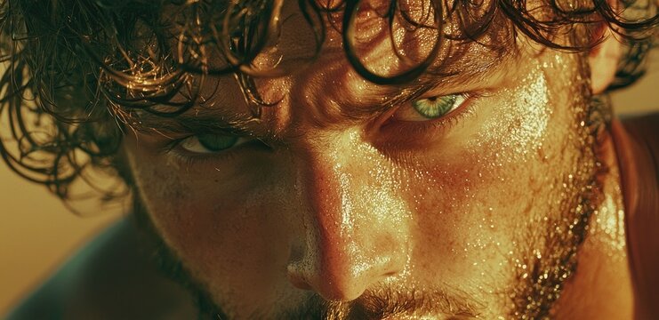Close up portrait of a sweaty man with intense gaze