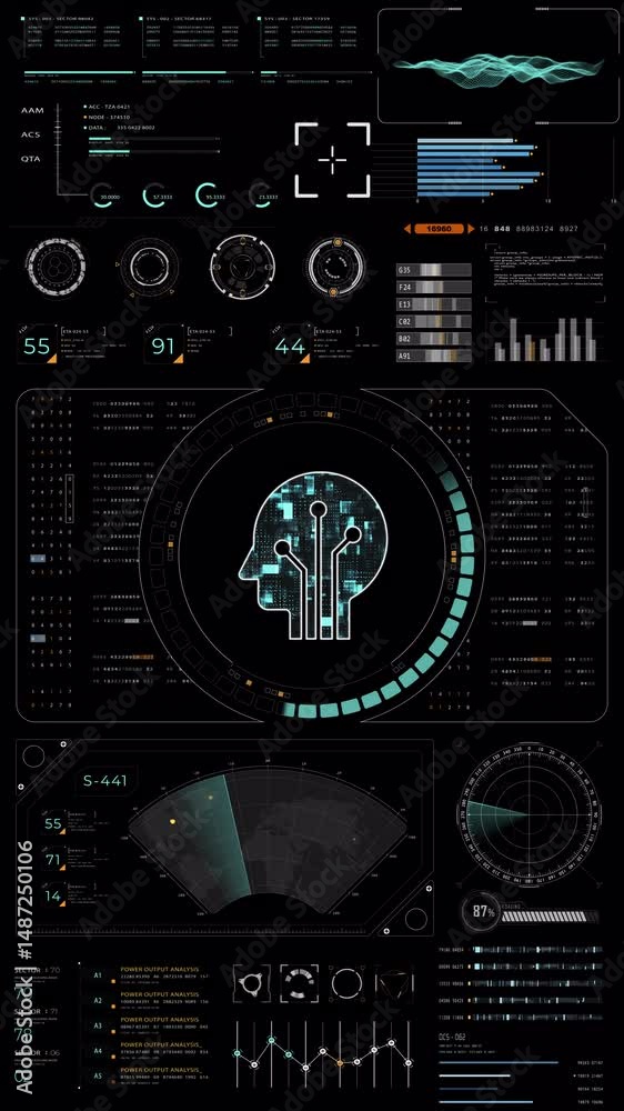 Poster motion graphic of blue digital robot head with hud ui and futuristic technology abstract background 