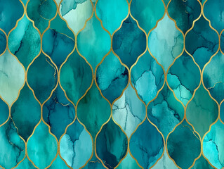 A luxurious abstract pattern featuring deep turquoise and teal watercolor textures, outlined by shimmering gold geometric shapes. 