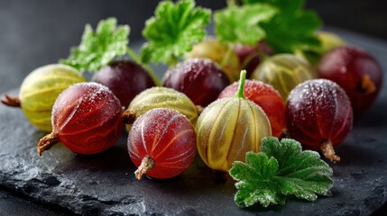 Fresh and Juicy Gooseberries with Green Leaves on Dark Stone Background