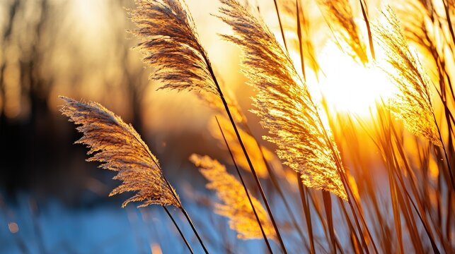 Golden sunlight illuminates tall grasses swaying in a warm breeze