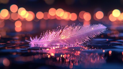 Fototapeta premium A luminescent feather floats peacefully on reflective water