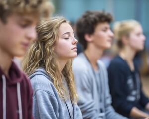 Teenagers meditating in class
