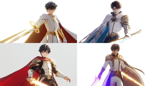 Fototapeta Four variations of a stylized male character, each wielding a glowing sword, in a fantasy art style