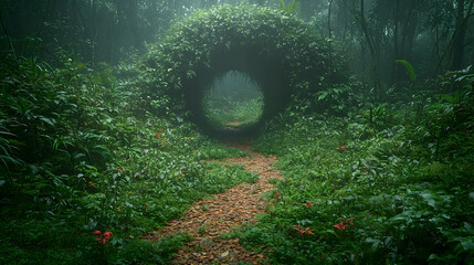 Lush, green path through an overgrown, vine-covered tunnel in a dense, misty forest scene