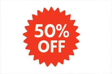 Red % off sign with "50% off" text, isolated on transparent background.