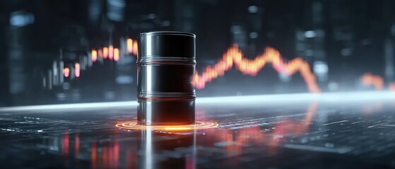 Oil barrel on a futuristic surface with market fluctuations