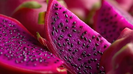 Vibrant Pink Dragon Fruit Slices with Black Seeds on Abstract Background for Healthy Eating Theme