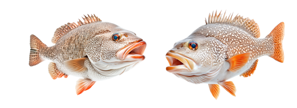 Set of Grouper fish with white spots and intricate fin details isolated on white transparent background, concept of aquatic wildlife