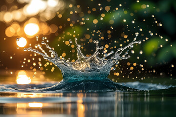 Golden Hour Water Splash: Dynamic Crown Formation with Sunlit Bokeh and Ripples Evoking Freshness, Purity, and the Beauty of Nature's Transient Movement.

