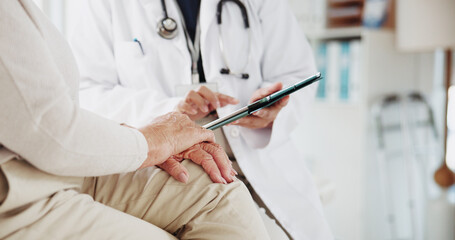 Tablet, consulting and hands of old woman and doctor for advice, discussion or cancer diagnosis. Healthcare results, digital report and medical with closeup of people in clinic for feedback on tumor