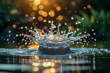 Golden Hour Water Splash: Dynamic Crown Formation with Sunlit Bokeh and Ripples Evoking Freshness, Purity, and the Beauty of Nature's Transient Movement.

