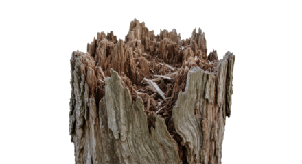Close-Up of a Broken and Weathered Wooden Post on a Transparent PNG Background , wood, post, broken, splintered, weathered, stump, log, tree, timber, texture, natural, organic