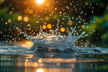 Golden Hour Water Splash: Dynamic Crown Formation with Sunlit Bokeh and Ripples Evoking Freshness, Purity, and the Beauty of Nature's Transient Movement.


