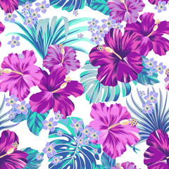 seamless pattern Exotic hawaiian tropical hibiscus flowers and palm on black background  artwork for fabrics, souvenirs, packaging, greeting cards and scrapbooking