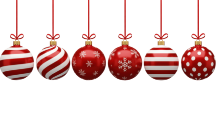 set of Six Red and White Christmas Ornaments with Festive Patterns, Isolated on Transparent Background