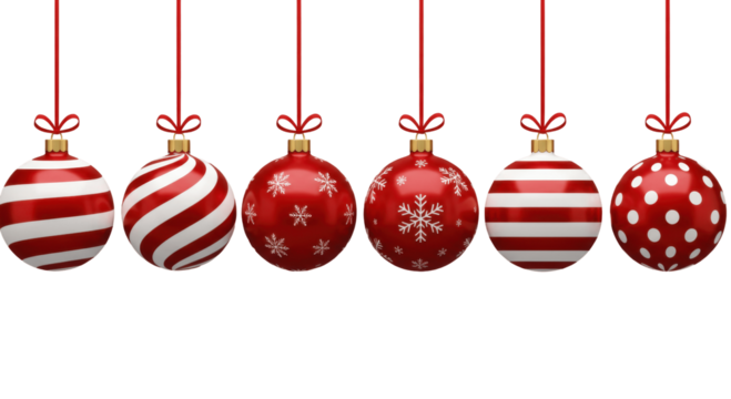 set of Six Red and White Christmas Ornaments with Festive Patterns, Isolated on Transparent Background