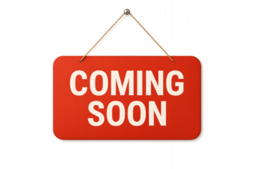 Red "Coming Soon" sign with white text, standing out prominently, isolated on transparent background.