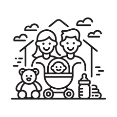 Family Icon Set Vector Black Silhouettes of Parents Children Strollers Bottles Toys and Home Life Symbols