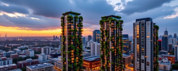 Obraz premium a city skyline at dawn, featuring skyscrapers adorned with vertical gardens and solar panels.