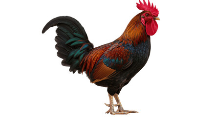 Colorful rooster standing in side view with detailed feathers, isolated on transparent PNG background