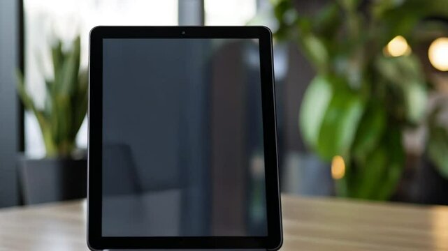 A sleek tablet on a stand in a stylish modern workspace.