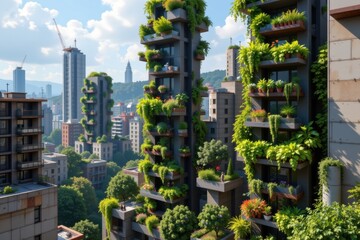 a futuristic city with vertical gardens and solar panels trying to combat the overwhelming environmental degradation caused by dec