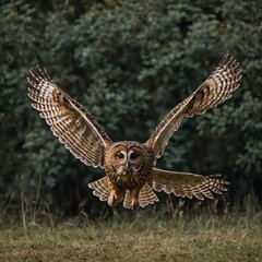 Fototapeta premium A tawny owl flying, wings spread, isolated