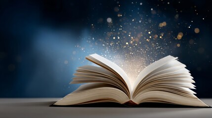 Book is open to a page with a bright light shining on it. The light is creating a sparkling effect around the book, making it look like it's glowing. The scene gives off a sense of wonder and magic