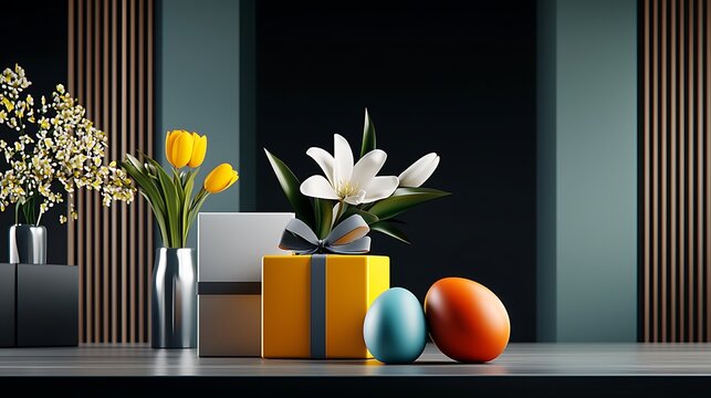 there are three vases with flowers and two eggs on a table