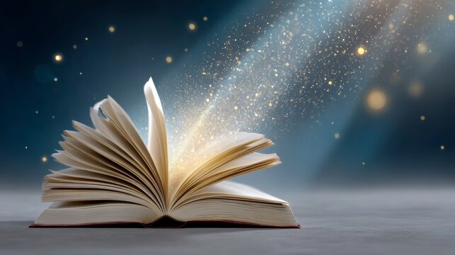 Book is open to a page with a bright light shining on it. The light is creating a sparkling effect on the page. The book is open to a page with a word that starts with the letter "a"