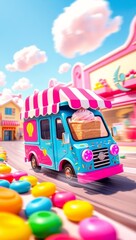 Colorful Dessert Caravan in a Playful Candy Shop Scene with Bright Pink and Blue Accents