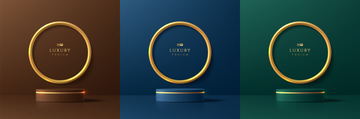 Set of dark blue, green and brown round pedestal podium in 3D studio room. Luxury golden ring shape on wall scene. Abstract 3d vector rendering. Cosmetic product display presentation. Stage showcase.