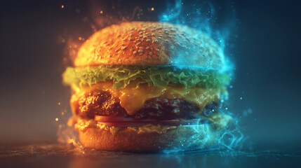 futuristic burger with glowing digital hologram effect – perfect for food tech advertisements, sci-fi restaurant branding, or innovative culinary campaigns	
