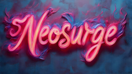 Neosurge" text art neon script on textured blue backdrop surrounded by fiery pink and blue glowing wisps